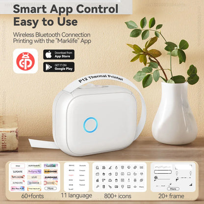 Inkless Label Printer P12 Portable Mini Printer Bluetooth Wireless Thermal Printer Auto Cut Labeling Machine or 5PK Label Rolls
