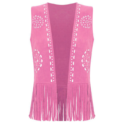 Gilet de costume femme cosplay cowgirl western à franges hippie années 70 disco vintage évidé à pampilles en similicuir