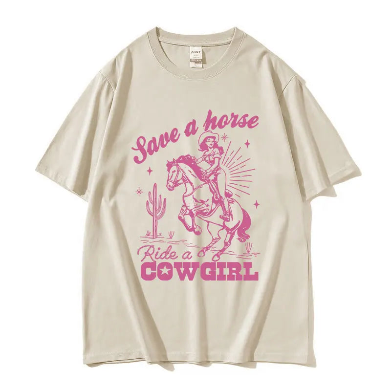 T-shirt décontracté unisexe en coton imprimé "Save A Horse Ride A Cowgirl", style rétro esthétique, Streetwear mode