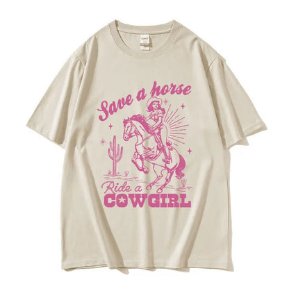 T-shirt décontracté unisexe en coton imprimé "Save A Horse Ride A Cowgirl", style rétro esthétique, Streetwear mode