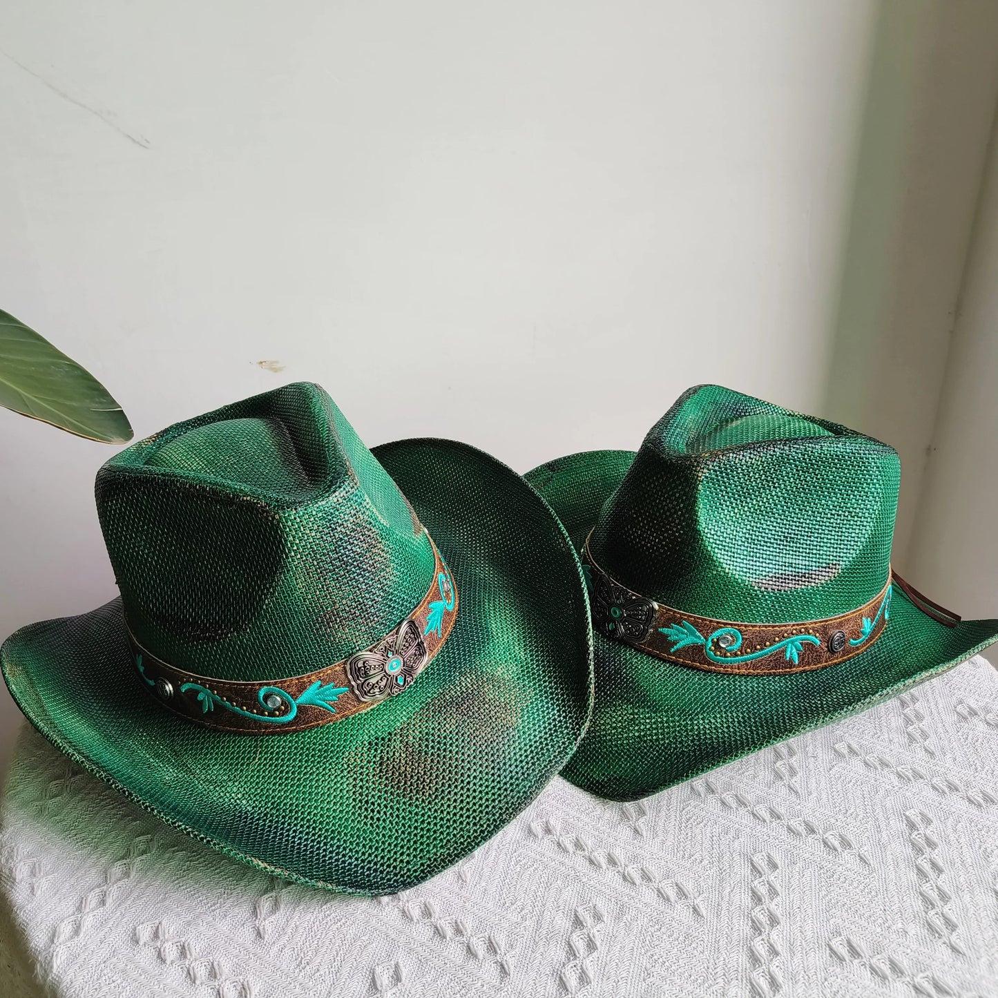 Hand-painted Western Cowboy hat Bronze green hat for men women Large Brim stiff straw hat summer sombrero vaquero hombreковбойс