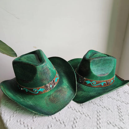 Hand-painted Western Cowboy hat Bronze green hat for men women Large Brim stiff straw hat summer sombrero vaquero hombreковбойс