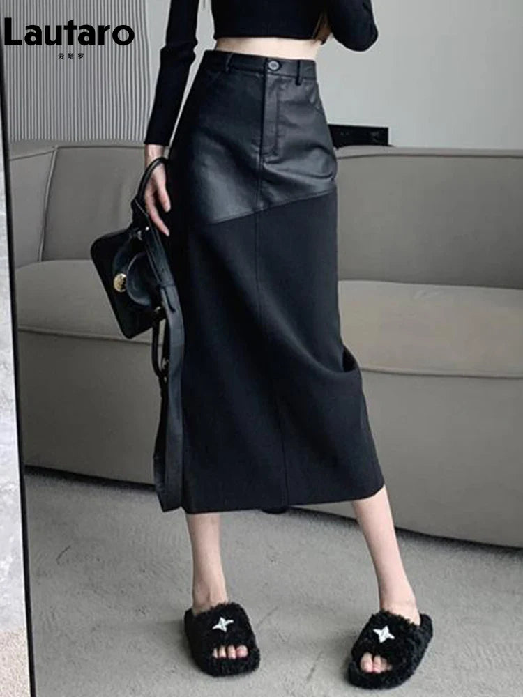Lautaro Spring Autumn Black Long Midi Patchwork Pu Leather Pencil Skirt Women with Back Slit High Waist Luxury Designer Clothes