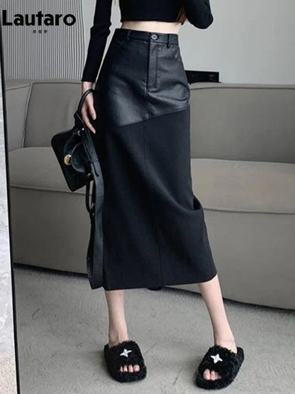 Lautaro Spring Autumn Black Long Midi Patchwork Pu Leather Pencil Skirt Women with Back Slit High Waist Luxury Designer Clothes