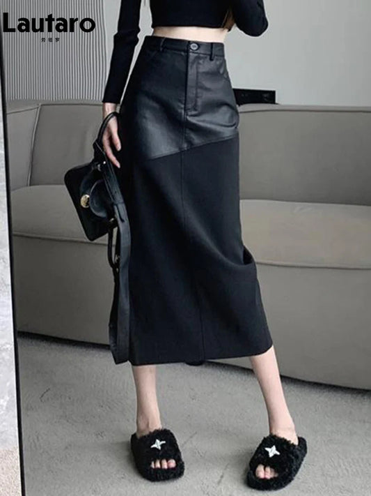 Lautaro Spring Autumn Black Long Midi Patchwork Pu Leather Pencil Skirt Women with Back Slit High Waist Luxury Designer Clothes