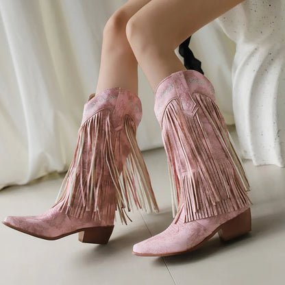 Bottes de cowboy pour femmes, brodées, à glands, talons épais, bout pointu, roses, de style western, bottes compensées sans lacets pour femme