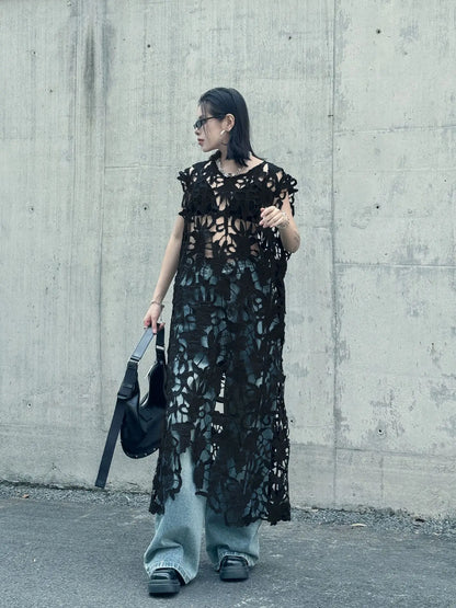 [EWQ] Chic belle Robe européenne à la mode femmes vêtements crochet à motifs découpe Robe sans manches Robe noire 2025 été nouveau