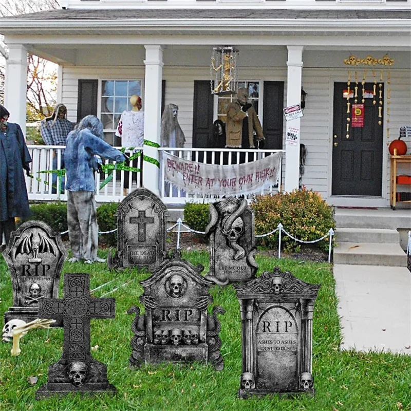 3/6Pcs 2024 Halloween Tombstone Decor Skull Tombstone RIP Letters Bad Omens Haunted House Decor for Patio Garden Frighten Kids
