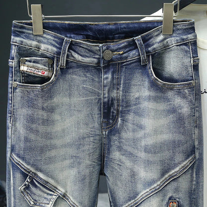 Retro Men's Jeans Slim Elastic Spliced zipper Skinny Pencil Trousers Harajuku Hip-hop Rock Motorcycle Denim Pants Streetwear