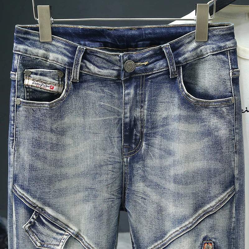 Men's Retro Jeans, Slim, Elastic, Zipper, Skinny Pencil Pants, Harajuku Style, Hip Hop, Rock, Motorcycle, Streetwear