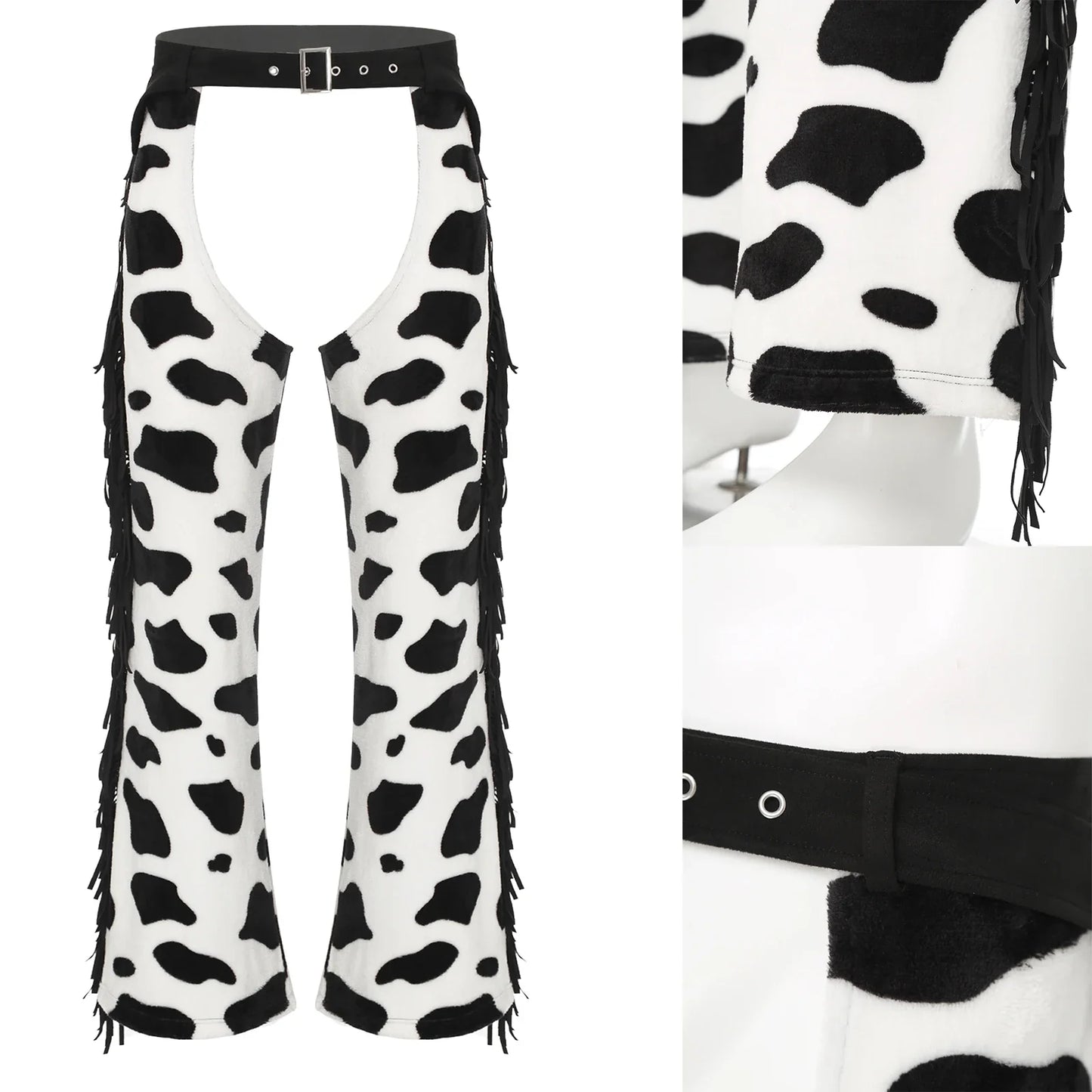 Men Halloween Cowboy Cosplay Costume Cow Print Flannel Pants Adjustable Waist Side Tassel Open Crotch Cowboy Chaps Rave Party