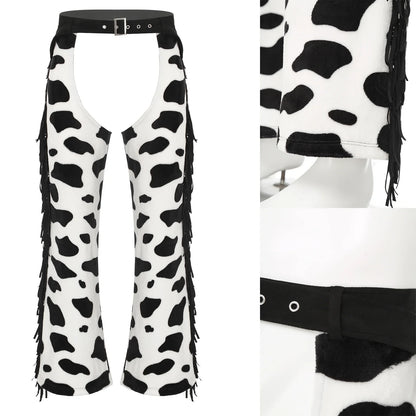 Men Halloween Cowboy Cosplay Costume Cow Print Flannel Pants Adjustable Waist Side Tassel Open Crotch Cowboy Chaps Rave Party
