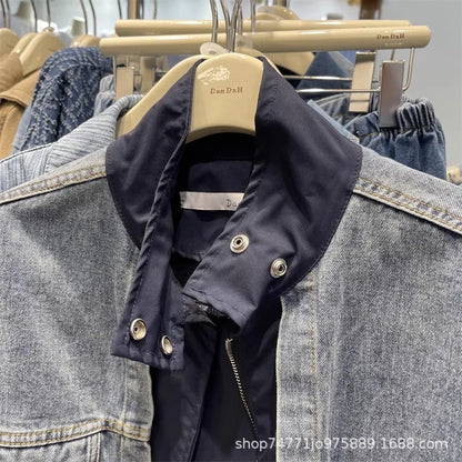 Women Patchwork Denim Bomber Jacket Spring Autumn Fake Two Piece Loose Drawstring Waist Patchwork Jean Coat Cowboy Cardigan Tops