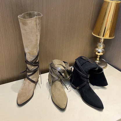 Matte Leather Gothic Western Cowboy Boots Women's Fashion Autumn New Style Pointed Toe Lace-up Retro High Top Flat Heel Boots
