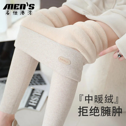 Leggings 420g 92% coton avec doublure polaire pour vêtements d'hiver, polaire d'agneau épaisse en coton pour femmes, pantalon chaud gris taille haute