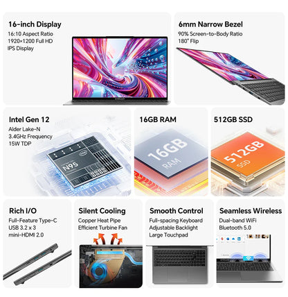 Ordinateur portable TECLAST F16 Air 16 pouces, rabattable à 180 degrés, 16 Go + 512 Go, processeur Intel N95, Windows 11, mini HDMI, clavier rétroéclairé