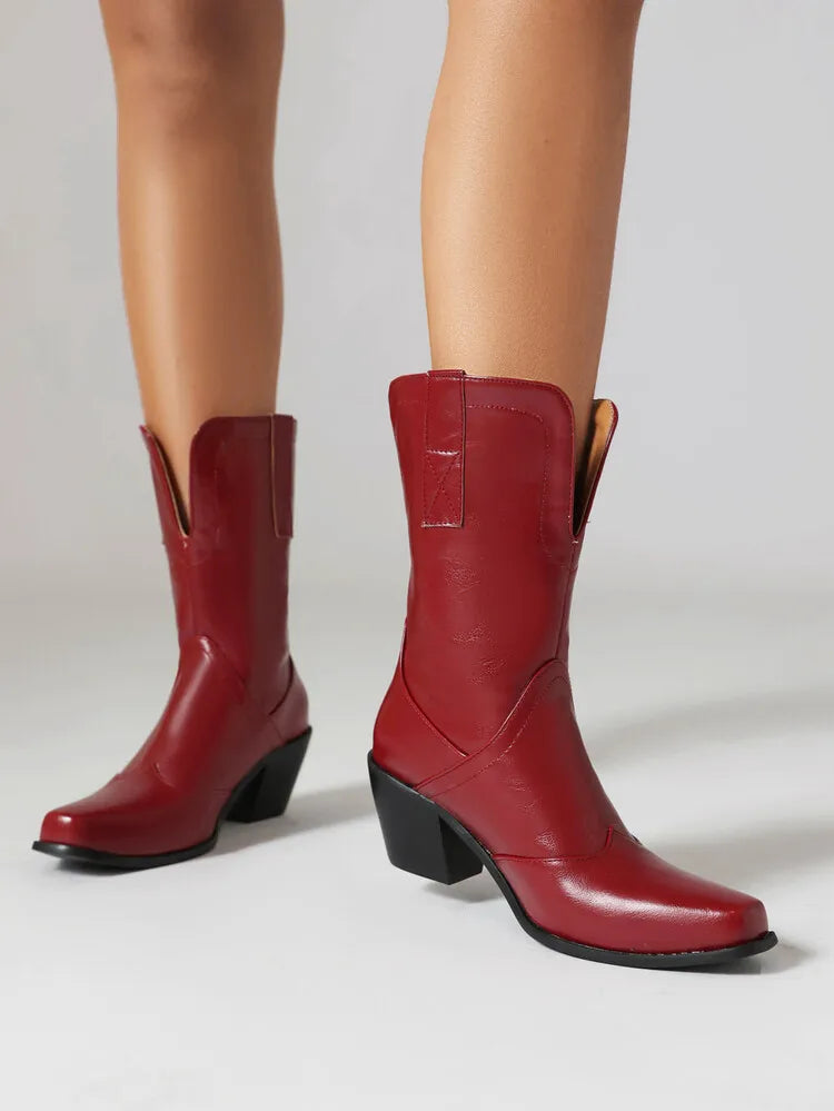 Bottes western rétro noires mi-mollet pour femme à talons épais gothiques, grandes tailles 34-48 777-11