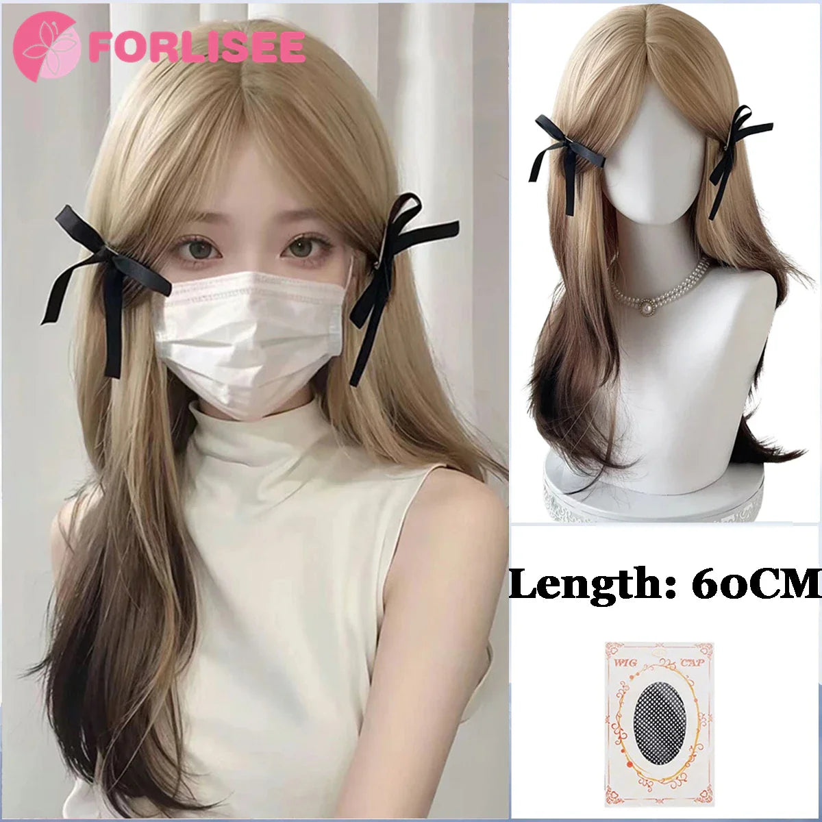 Pink Blonde Highlights Long Wavy Wig Synthetic Colorful Lolita Cosplay Hair Wigs with Bangs for Women Heat Resistant Daily Use