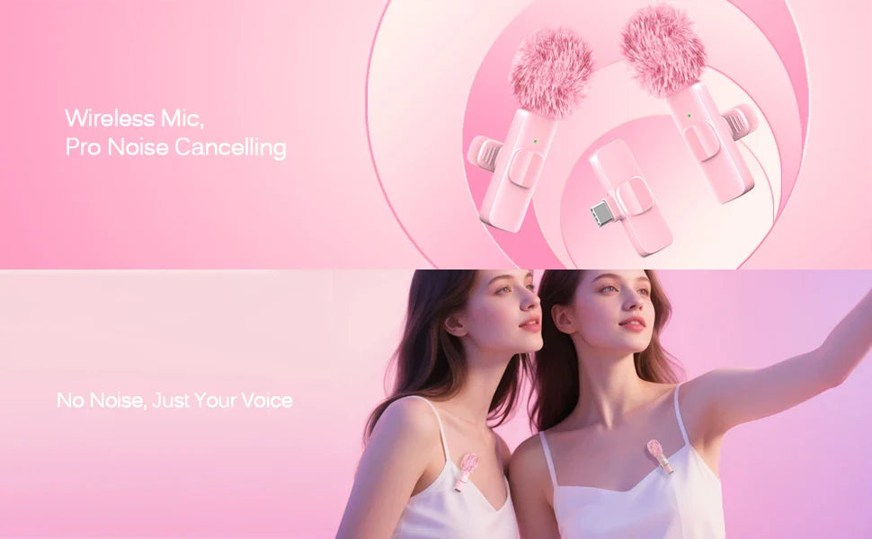 Pink Wireless Lavalier Lapel Microphone for iPhone iPad Vlogging Video Recording Mic for Live Interview Podcast Mic for Girl