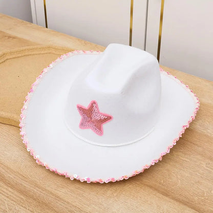 Chapeau de Cowgirl blanc étoile rose, garniture à paillettes, frange, chapeau de Cowboy réglable, cordon de serrage au cou, Costume de jeu de fête