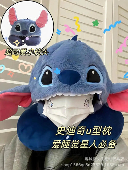 Cartoon plush Stitch Ling Nabelle U-shaped pillow with hooded neck pillow travel car plane office nap artifact girl gifts