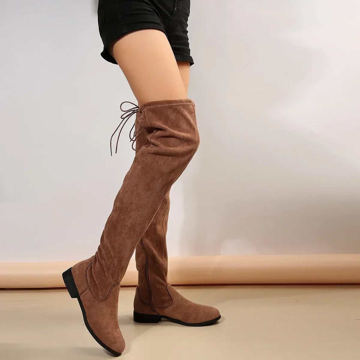 Faux Suede Female Thigh Gigh Boots Women New  Autumn Zipper Elastic Knee-high Boots Woman Tube Lace-up Botas Mujer Size 43