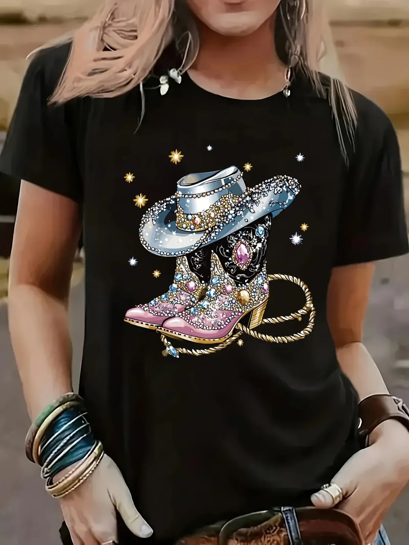 T-shirt imprimé à manches courtes de la série Western Cowboy, tendance et décontracté, polyvalent, longueur standard pour toutes les saisons