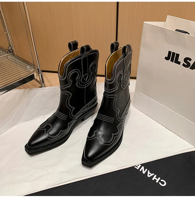 Bottes de cowboy Western Ods pour femmes en cuir véritable brodé, bout pointu, mi-mollet, style rétro, décontractées, de haute qualité