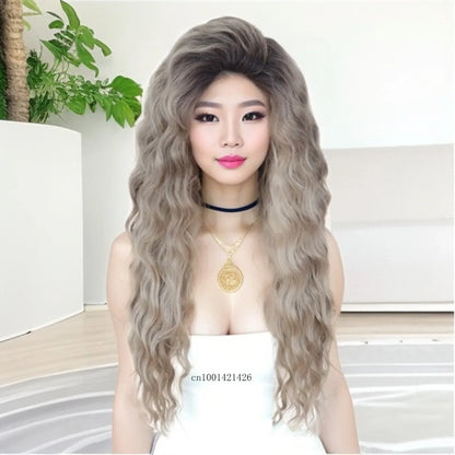 Perruque blonde bouclée cheveux synthétiques longs naturels perruques ondulées pour femmes blanches, raie libre, racines foncées, perruques ombrées, perruque ondulée tendance + autocollants