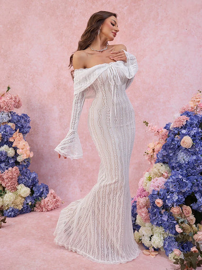 Suninheart Autumn Long Sleeve Off The Shoulder Bodycon Dress 2024 New Mermaid Wedding Guest Party Dresses for Women White Dress