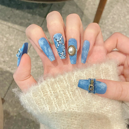 10Pcs Blue Handmade Press on Nails Cowboy Style Fake Nails Wearable Stick-on Nails Full Cover False Nail Uñas Накладные Ногти