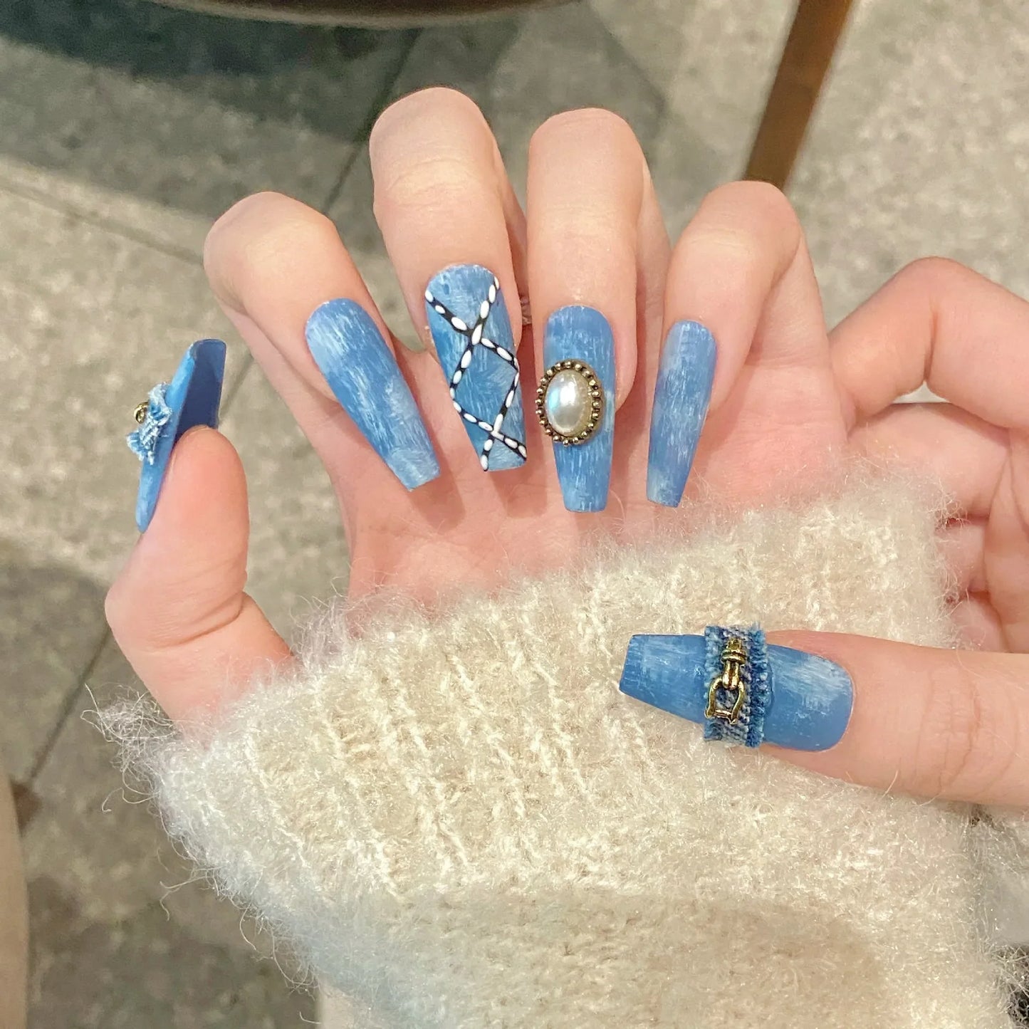 10 faux ongles bleus faits main de style cowboy, ongles adhésifs à presser, couverture complète, Uñas Накладные Ногти