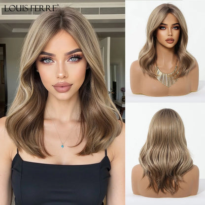 Brown Blonde Ombre Synthetic Wigs for Women Medium Length Wavy Layered Wigs With Side Bangs Daily Party Heat Resistant Fake Hair