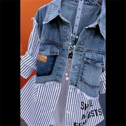 Blouson en jean pour femme Faux deux chemises en jean 2025 Nouvelle collection printemps été automne Décontracté Mode Joker Couture Rayé Hauts Manteau Femme