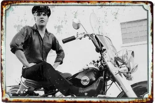 q1,Elvis on his Harley Motorcycle Tin Sign All Metal sizes up to 12x 18-Aluminum