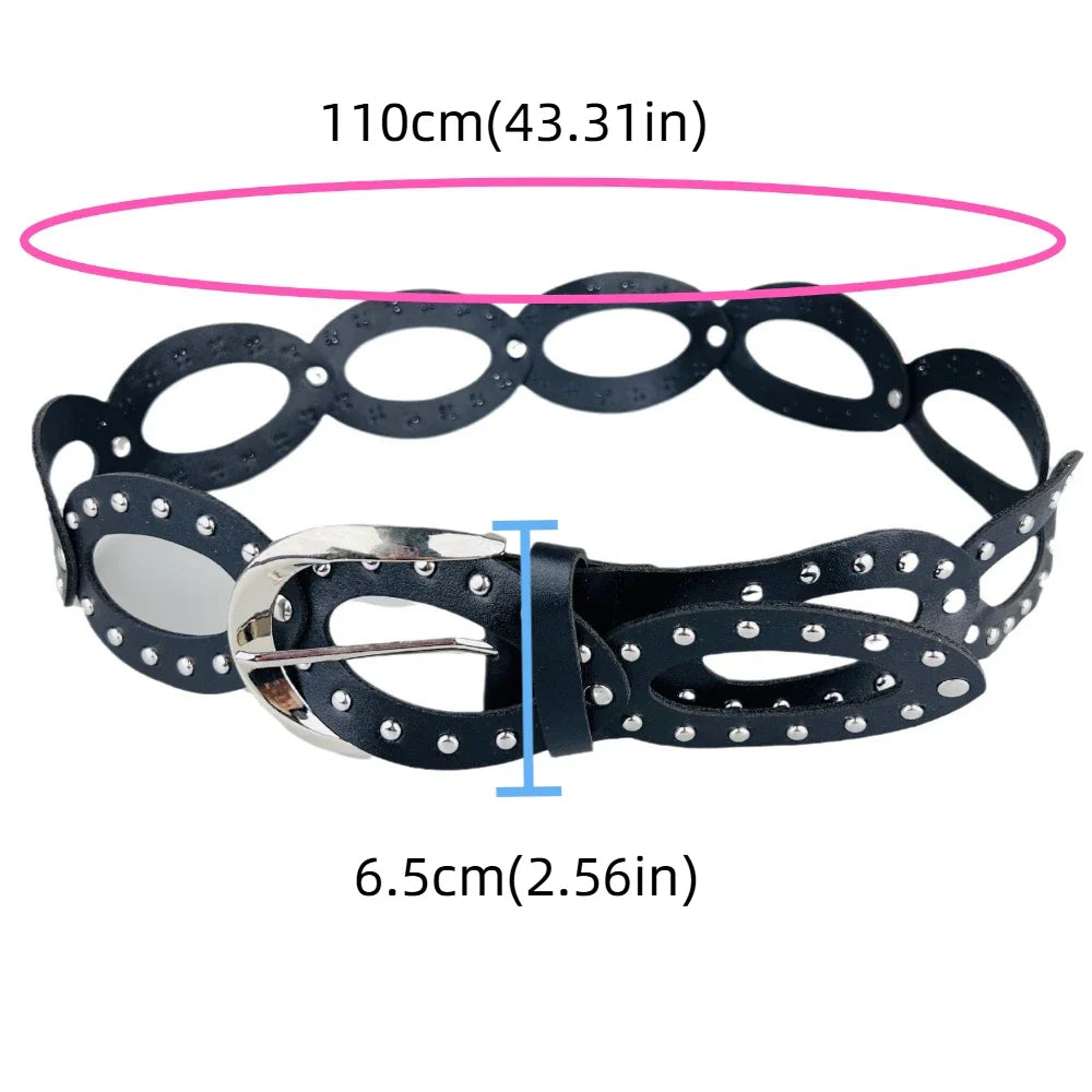 Adjustable Cowgirl Waist Belt, Hollow, Wide Side, PU Leather, Elliptical Geometry, Metal Buckle, Rivet, Everyday Waist Belt