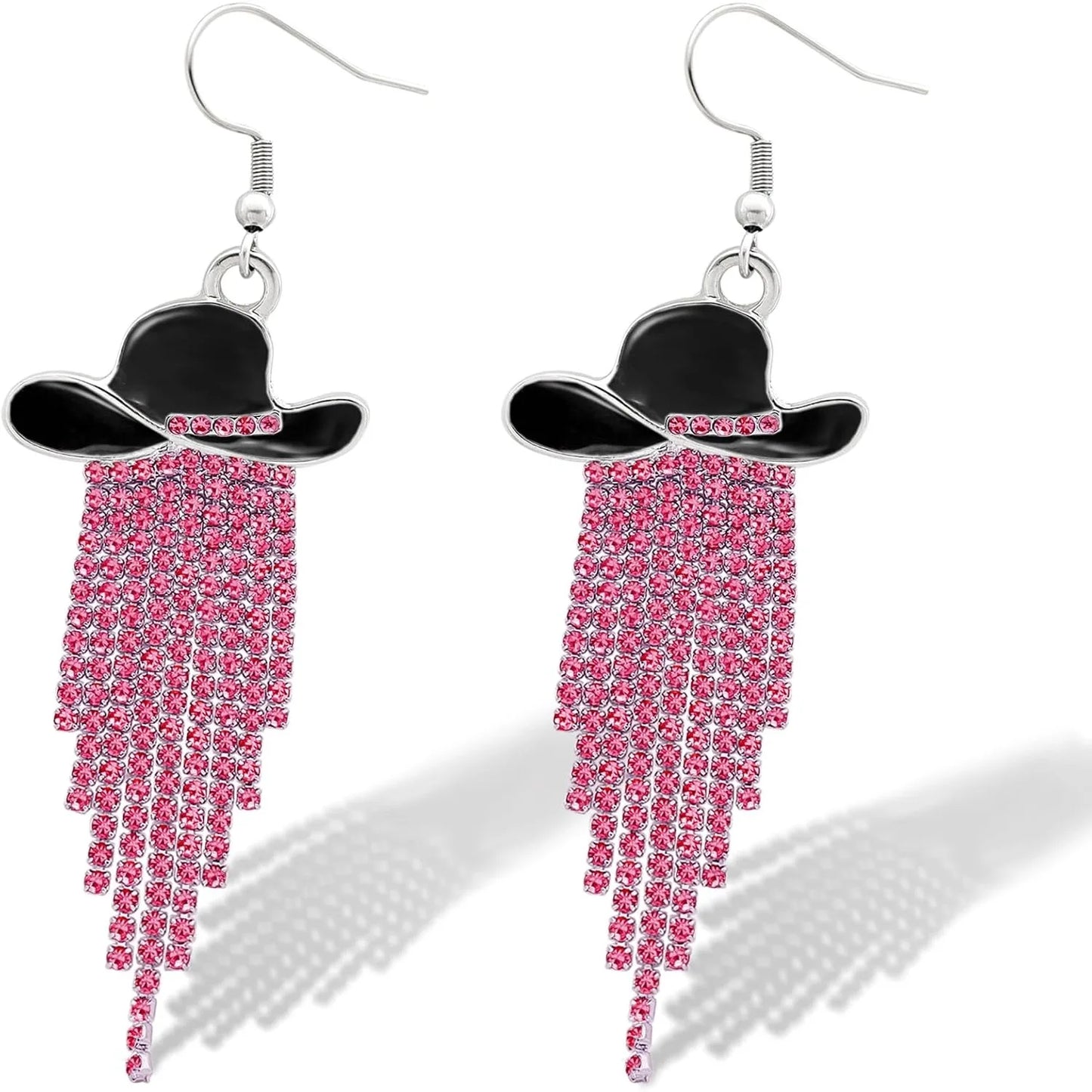 Boucles d'oreilles pendantes de cowgirl de l'Ouest, Chapeau en émail, Pendentif à pompon strass scintillant, Bijoux pour femmes pour bal, concerts country, rodéo, cow-boy
