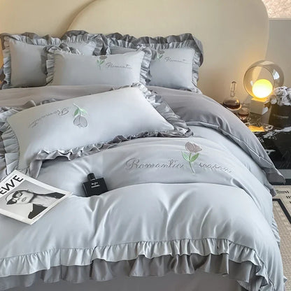 Elegance French Style Bedding Set Duvet Cover Set High Quality  2024 New Lace Princess Embroidery Double Layer Edge King Queen
