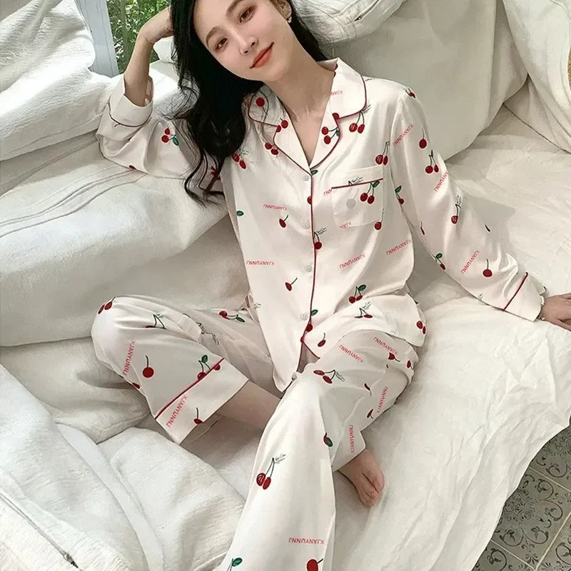 Ensemble de pyjama en satin pour femme - Haut à manches longues et pantalon, couleur unie, imprimé cœur, cardigan, vêtements de nuit pour fille