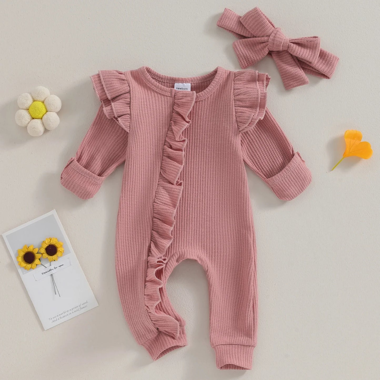FOCUSNORM 0-12M Autumn Infant Baby Girls Boys Jumpsuit 2pcs Solid Color Round Neck Ruffles Long Flying Sleeve Zipper Jumpsuits