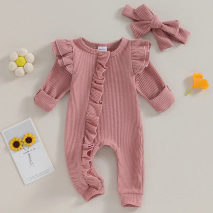 FOCUSNORM 0-12M Autumn Infant Baby Girls Boys Jumpsuit 2pcs Solid Color Round Neck Ruffles Long Flying Sleeve Zipper Jumpsuits