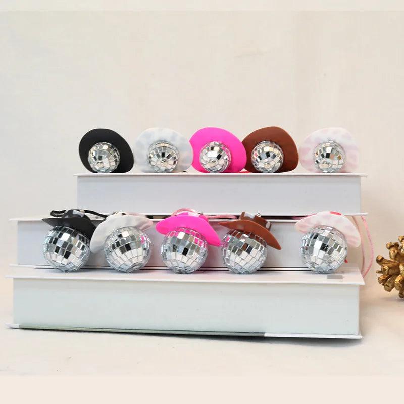 1Pcs Pink Cowgirl Cowboy Hat Disco Ball Neckalace 80s Silver Mirror Balls Pendant for Wedding Birthday Party Favors Decoration