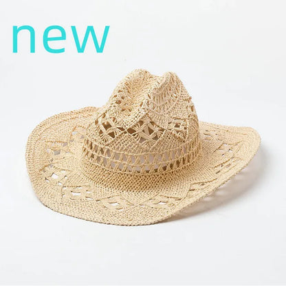Chapeau de paille de cowboy vert matcha, tissé à la main, creux, pour hommes et femmes, chapeau de soleil d'été, chapeau de paille de cowboy occidental