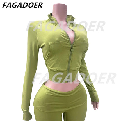 FAGADOER Autumn Winter 2 Piece Sets Women Outfit Casual Zip Pocket Crop Tops+High Waist Leggings Pants Suits Jogger Streetwear
