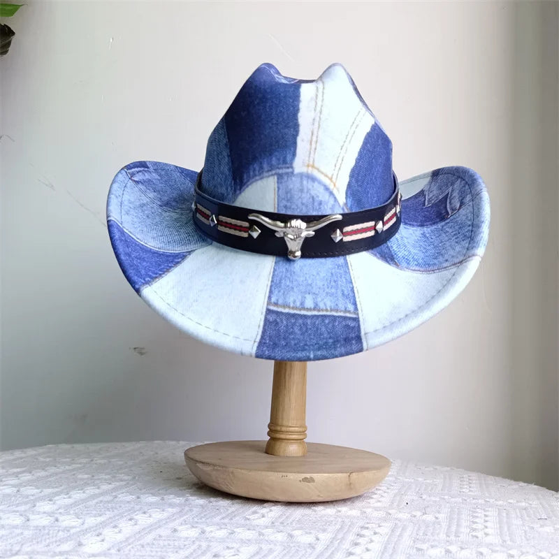 Ethnic Style Cowboy Hat Fashion Chic Unisex Solid Color Jazz Hat With Bull Shaped Decor Western Cowboy Hats