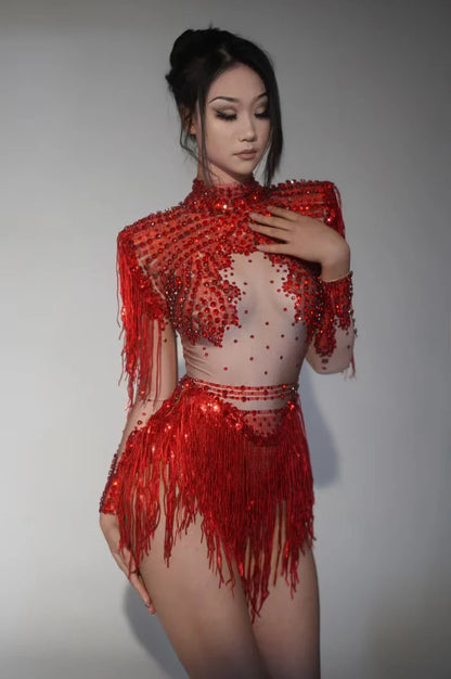 Body élastique à paillettes dorées et argentées avec pompons pour danse latine, tenue de scène, discothèque, DJ, chanteur, Q025Body élastique à paillettes dorées et argentées avec pompons pour danse latine, tenue de scène, discothèque, DJ, chanteur, Q025
