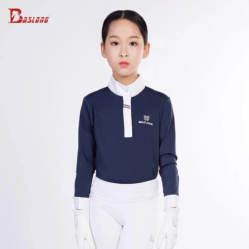 Baslong Vêtements d'équitation pour enfants T-shirt haut à manches longues Protection solaire respirant Polo Filles Compétition d'équitation Vêtements de chevalier