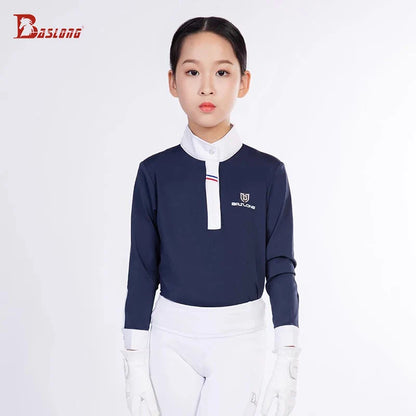 Baslong Vêtements d'équitation pour enfants T-shirt haut à manches longues Protection solaire respirant Polo Filles Compétition d'équitation Vêtements de chevalier