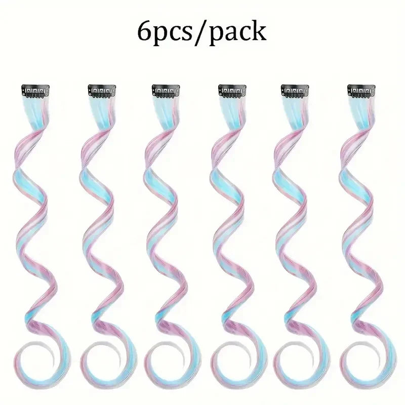 Extensions de cheveux Licorne 6 pièces de 55 cm, cheveux bouclés synthétiques à clipser pour femmes, idéales pour les déguisements d'Halloween et de Noël