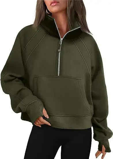 Sweat-shirt à col montant pour femme, sweat à capuche pour document solide, manches longues, poche adt, demi-fermeture éclair, pull sportif, haut streetwear, printemps, automne